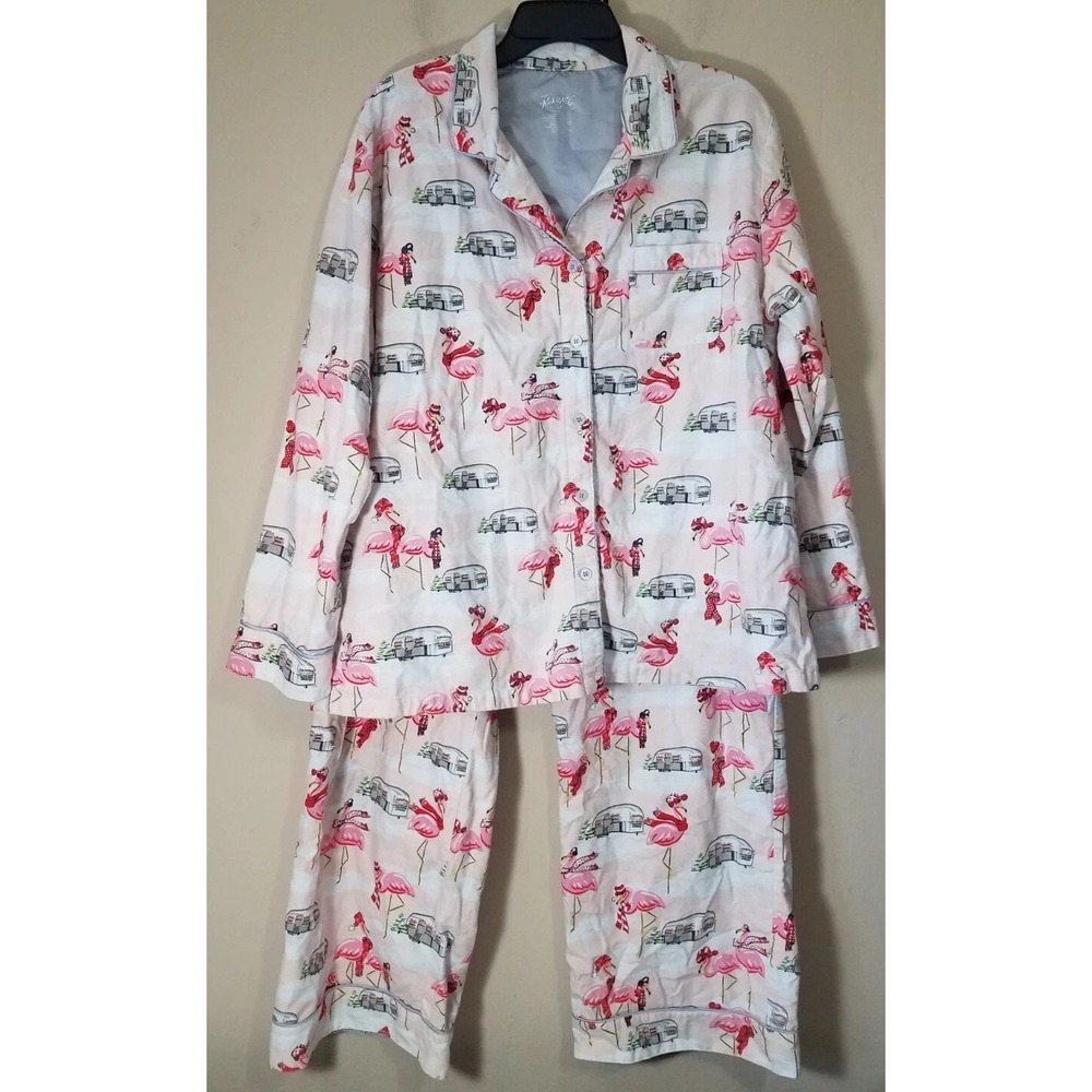 Nick & Nora Pajama Set Women XXL Flannel Pink Winter Flamingo Airstream‎ Camper